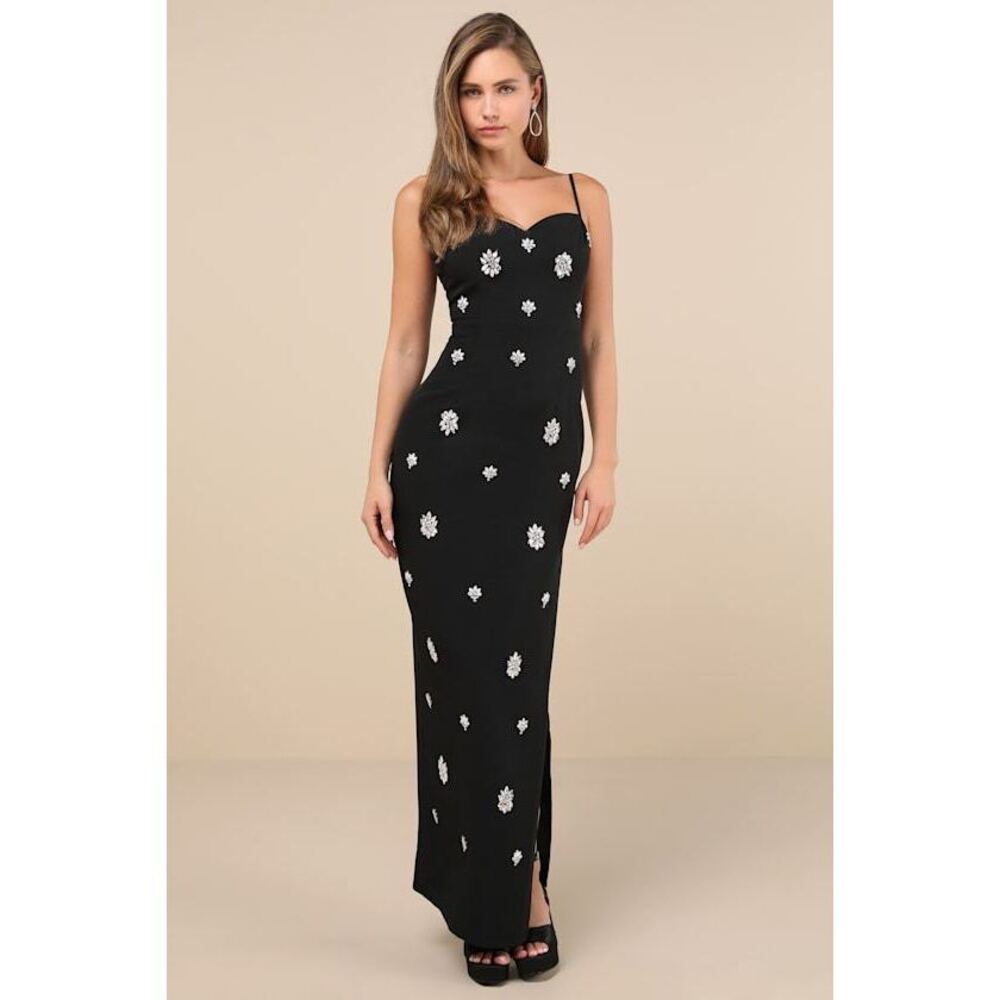 NWT Lulus Completely Regal Black Rhinestone Sleeveless Column Maxi Dress Size XS